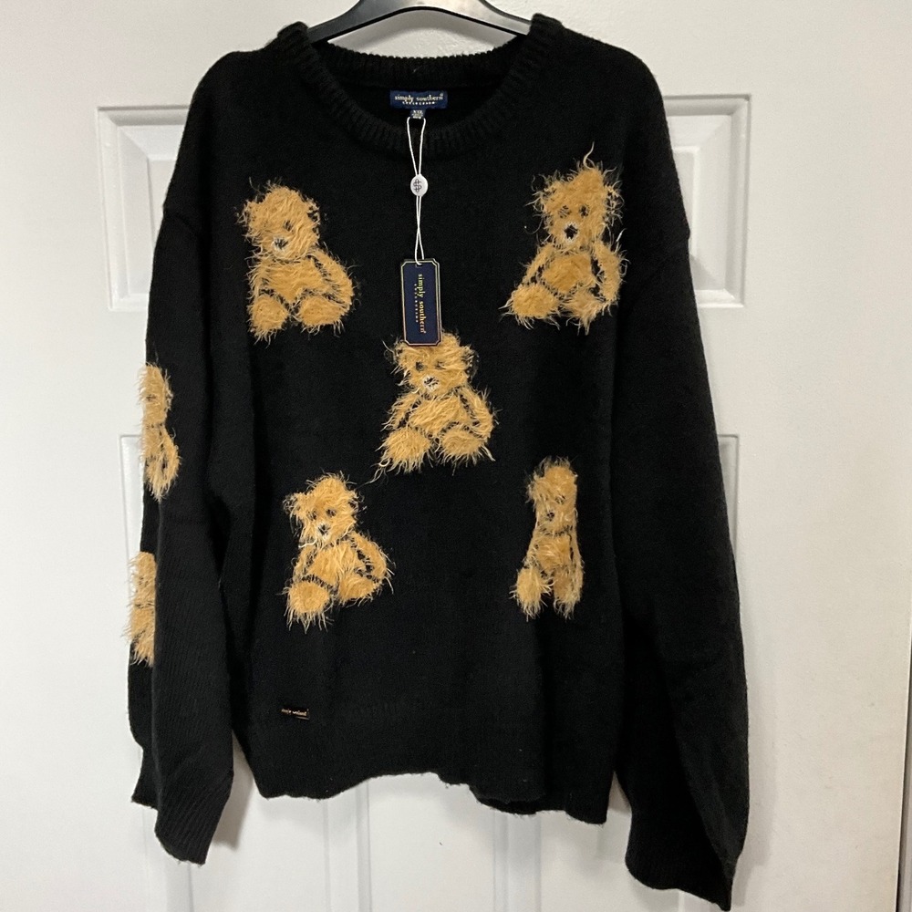 Simply Southern Black Fuzzy Teddy Bear Knit Sweater XXL NWT SWTR-FZY-TEDDIES
